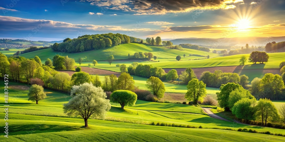 Sticker Sunny countryside landscape with green trees and lush fields, beautiful, morning, sunrise, countryside, landscape, trees, green