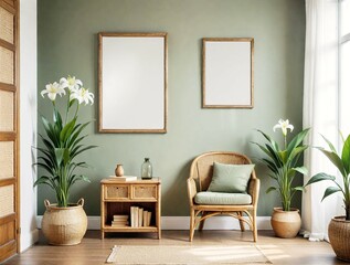 Green wall and chair large blank framed poster mockup, and plants, natural light background, home decor concept. 3D Rendering