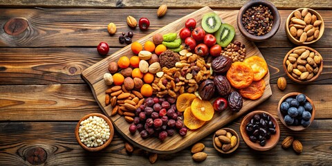 Fototapeta premium Assorted nuts, dried fruits, olives, and fresh fruit on a wooden board , healthy, snacks, variety, colorful, organic