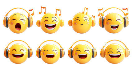 Obraz premium Set of various cheerful emojis with headphones, depicting fun and musical enjoyment