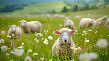 Photo of sheep in a meadow with grass and flowers