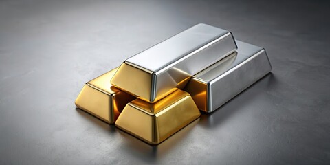 Shiny silver ingot and gold bullion bars on grey background, silver, ingot, gold, bullion, bars,...