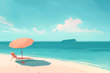 오렌지 파라솔과 썬베드가 있는 해변 일러스트레이션