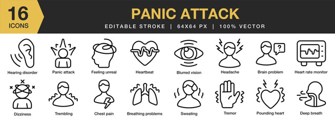 Set of 16 Panic Attack icon set. Editable Stroke Icon Collection. Includes blurred vision, headache, heartbeat, sweating, dizziness, and More. Outline icons vector collection.
