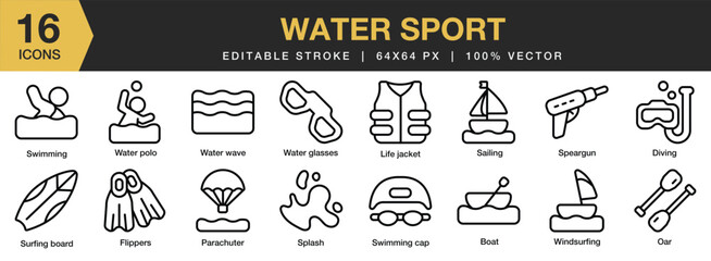 Set of 16 Water Sport icon set. Editable Stroke Icon Collection. Includes boat, diving, oar, splash, surfing board, and More. Outline icons vector collection.