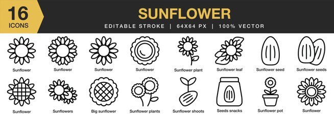Set of 16 Sunflower icon set. Editable Stroke Icon Collection. Includes seeds, pot, plant, leaf sunflower, and More. Outline icons vector collection.