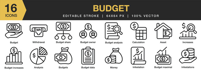 Set of 16 Budget icon set. Editable Stroke Icon Collection. Includes analysis, asset, increases, infestation, money, and More. Outline icons vector collection.