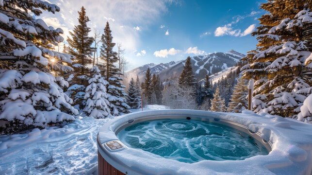 Photo of a ski resort in the mountains Hot tub with spa near winter forest with snow-capped mountains in the background.