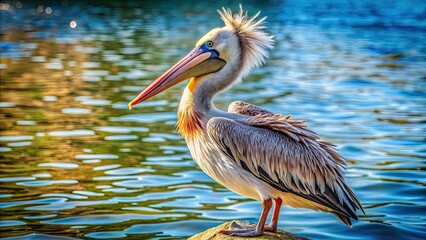 Curly-haired pelican with vibrant feathers standing by the water , pelican, fris?, curly, feathers, vibrant, wildlife, animal