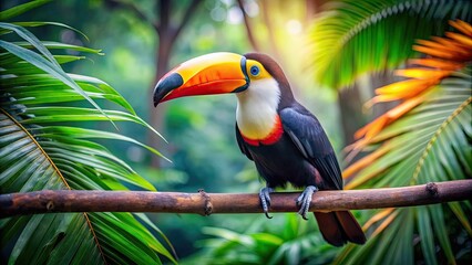 Naklejka premium Colorful toucan bird sitting on a tree branch in a tropical forest , vibrant, exotic, wildlife, nature, tropical, plumage