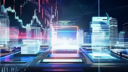 A dynamic hologram of a city skyline transforming into a virtual newsroom displaying realtime financial updates and news.