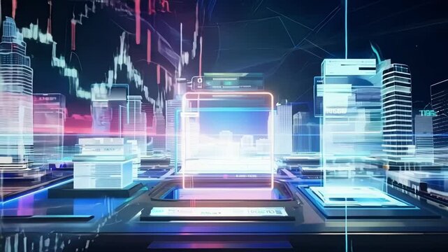 A dynamic hologram of a city skyline transforming into a virtual newsroom displaying realtime financial updates and news.