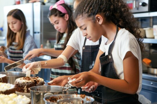 a group of young teenagers glazing a cake at a cooking class