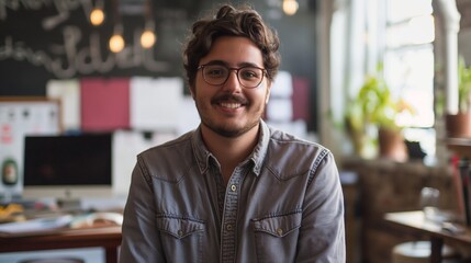 Obraz premium Creative Male Writer in Casual Attire Smiling at the Camera, Seated at a Desk with a Laptop and Written Notes, Capturing His Passion and Creativity in Writing