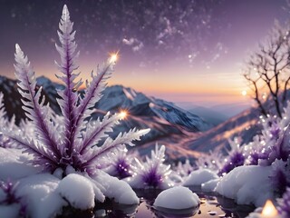 Mesmerizing blend of purple and white in this forest, with a peaceful stream and dramatic lightning