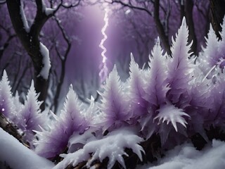 Mesmerizing blend of purple and white in this forest, with a peaceful stream and dramatic lightning