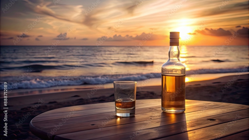 Wall mural Bottle and glass of whisky on table with beach sea and sunset in background, whisky, drink, alcohol, seaside, relaxation, vacation