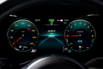 car​ instrument panel, car​ speed motor of​ night, car​ dashboard​ modern​ automobile control​illuminated panel​ speed display.	