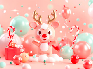 Obraz premium Adorable Pink Reindeer Figurine with Scarf.