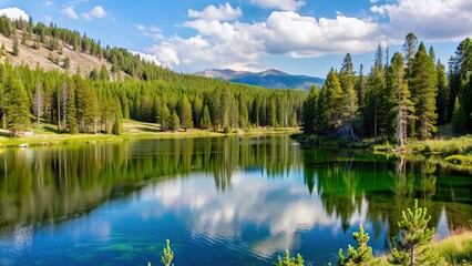 Fototapeta premium Peaceful mountain lake surrounded by lush forests in Yellowstone National Park, mountain, lake