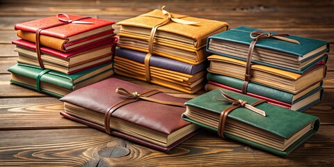 A collection of beautifully bound journals in various colors and sizes on a wooden table, journal, diary