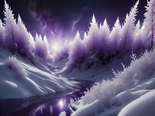 Mesmerizing blend of purple and white in this forest, with a peaceful stream and dramatic lightning