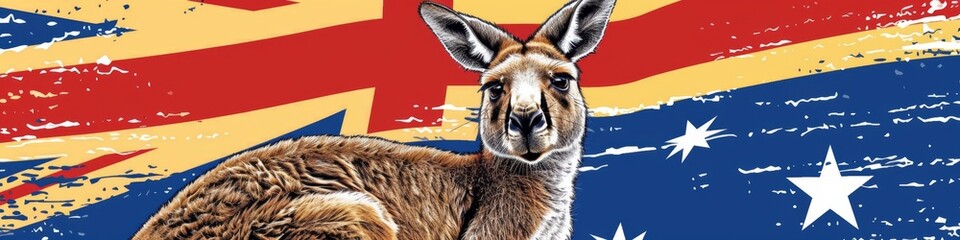 Obraz premium Creative Illustration of a Patriotic Kangaroo with Australian Flag Background. Featuring Australian Wildlife, Nature, and Marsupial Themes, Perfect for Organizational Commercial Advertising, Animal Pa