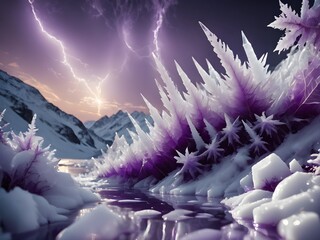 Mesmerizing blend of purple and white in this forest, with a peaceful stream and dramatic lightning