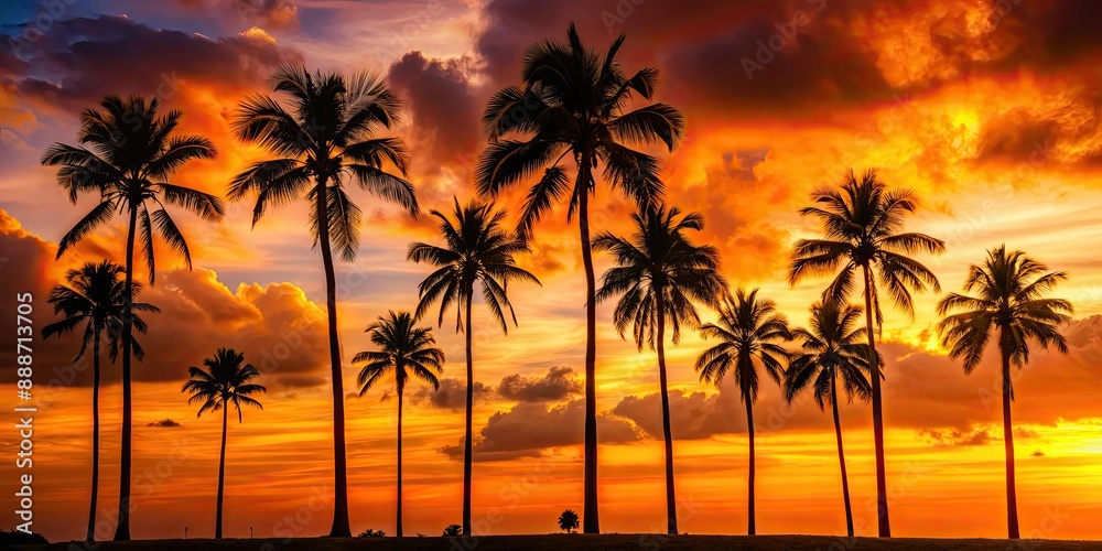 Sticker Palm trees silhouetted against a moody orange sky during sunset, palm trees, sunset, orange sky, silhouette, tropical, paradise