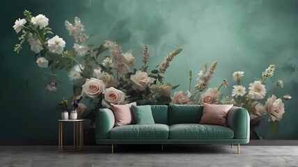 Obraz premium Contemporary Ultra-Wide Shot of Mint Smoke and Flowers with light teal sofa