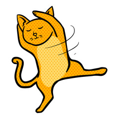 Hand drawn dancing cat halftone color vector illustration