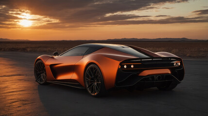 Obraz premium Concept Car parked in the middle of the road against the backdrop of the sunset. It's similar to an advertisement for a new car model.