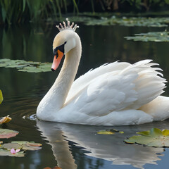 Fototapeta premium a white swan with a crown floating in a pond