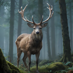 a deer standing in the woods with a lot of trees