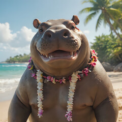 a hippo with a lei on his neck on the beach