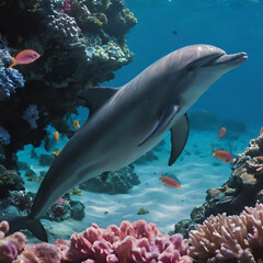 Fototapeta premium dolphin swimming in the ocean with corals and fish around