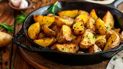 Baked potato wedges on a wooden background on a cast iron skillet