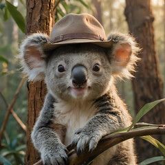 a koala bear wearing a hat and sitting on a tree branch