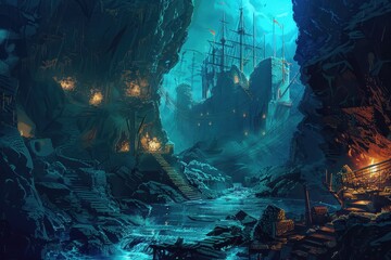 Ancient galleon wreck in a mysterious underwater cavern