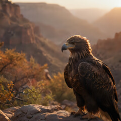 Obraz premium a sitting on a rock in the mountains at sunset