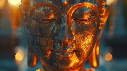 Obraz premium Close-Up of Buddha Statue with Candlelight and Flower Petals, Golden Sunlight, Vesak, Lent Concept