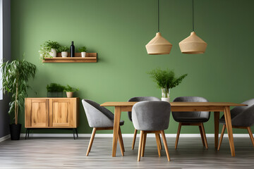 Scandinavian home interior design features a modern dining room with a wooden rustic dining table and chairs against a green wall.
