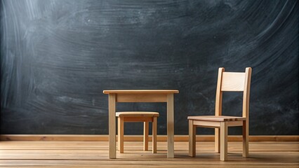Whimsical miniature table and chair on a blackboard perfect for adding a unique touch to decor , whimsical, tiny