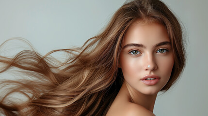 Naklejka premium Beautiful young woman with long brown hair. Healthy and shiny hair flowing in the wind. Fashion model posing for advertisement or poster. Hair care concept.
