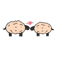 Hand drawn two sheep and a heart shape halftone color vector illustration