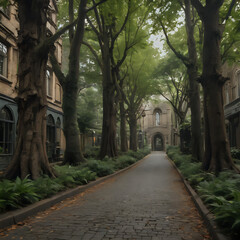 Obraz premium a street lined with trees and bushes on both sides of the street