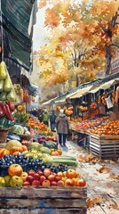 Fototapeta premium A watercolor painting depicts a bustling outdoor market in Europe. The scene showcases an abundance of fresh produce, including apples, grapes, and pumpkins, all arranged in wooden crates. The market 