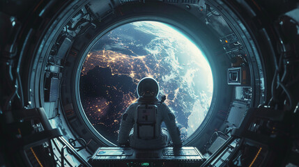 Astronaut in futuristic spaceship watching space through a large window of rocket