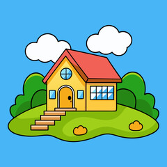 Cartoon House Nature Landscape Vector Art Illustration