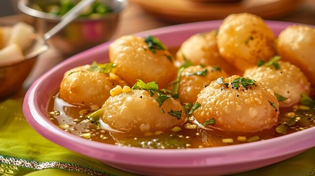 Banana water and pani puri gol gappa a tasty street snack sit on a pink dish